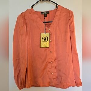 80 Park Coral Blouse Pearl Button VNeck